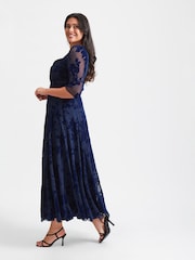 Scarlett & Jo Dark Blue Elizabeth Velvet Flocked Mesh Maxi Gown - Image 3 of 4