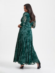 Scarlett & Jo Green Elizabeth Velvet Flocked Mesh Maxi Gown - Image 4 of 5