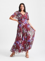 Scarlett & Jo Burgundy Red Floral Isabelle Angel Sleeve Maxi Dress - Image 1 of 4