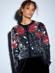 Red Sequin Floral - Supermekani kardigan s okruglim izrezom i dugim rukavima - Slika 1 od 7