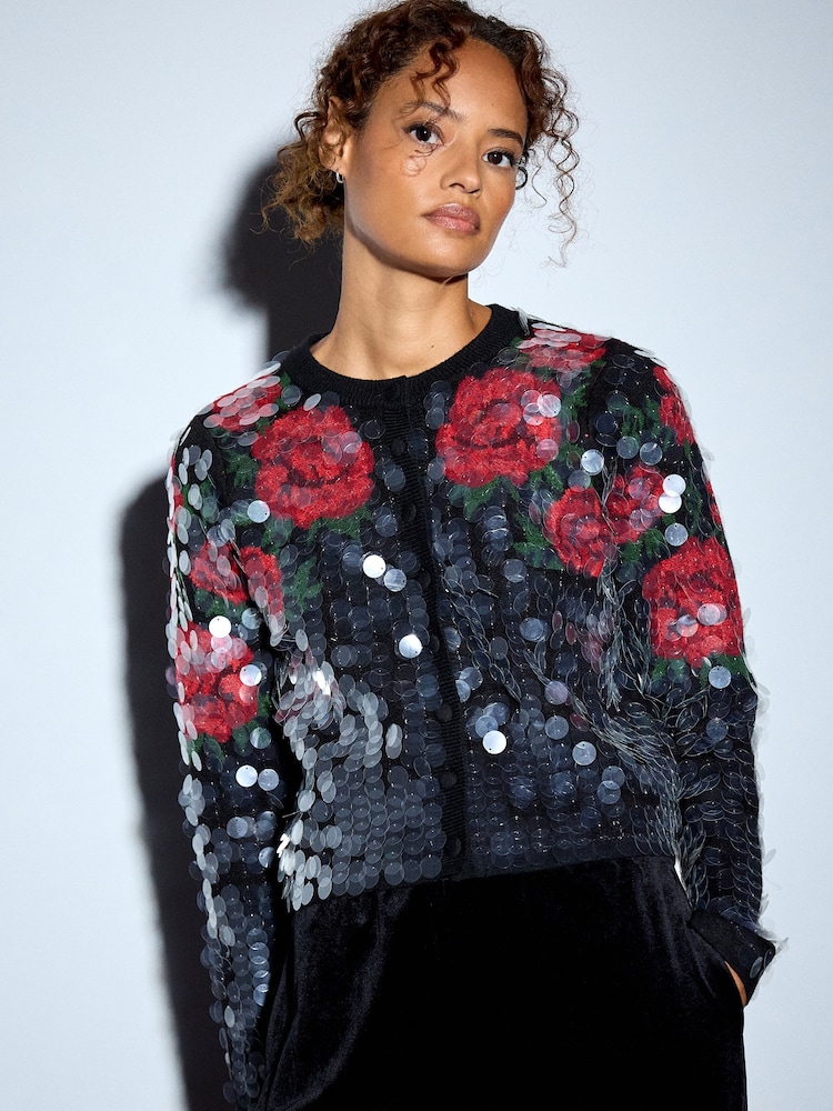 Red Sequin Floral - Supermekani kardigan s okruglim izrezom i dugim rukavima - Slika 1 od 7 Red Sequin Floral - Supermekani kardigan s okruglim izrezom i dugim rukavima - Slika 1 od 7