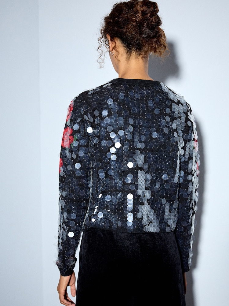 Red Sequin Floral - Supermekani kardigan s okruglim izrezom i dugim rukavima - Slika 2 od 7 Red Sequin Floral - Supermekani kardigan s okruglim izrezom i dugim rukavima - Slika 2 od 7