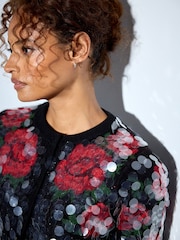 Red Sequin Floral - Supermekani kardigan s okruglim izrezom i dugim rukavima - Slika 4 od 7