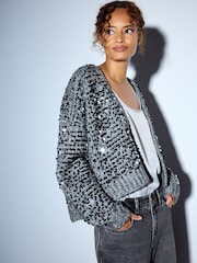 Charcoal Grey Sequin Soft Touch Chunky Knit Open Cardigan - Image 1 of 8