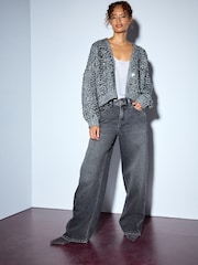 Charcoal Grey Sequin Soft Touch Chunky Knit Open Cardigan - Image 2 of 8
