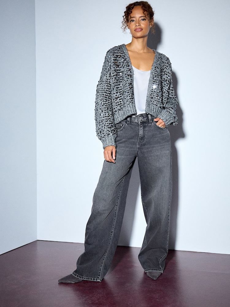 Charcoal Grey Sequin Soft Touch Chunky Knit Open Cardigan - Image 2 of 8 Charcoal Grey Sequin Soft Touch Chunky Knit Open Cardigan - Image 2 of 8