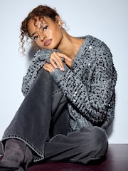 Charcoal Grey Sequin Soft Touch Chunky Knit Open Cardigan - Image 3 of 8