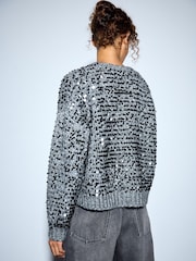 Charcoal Grey Sequin Soft Touch Chunky Knit Open Cardigan - Image 4 of 8