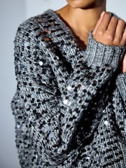 Charcoal Grey Sequin Soft Touch Chunky Knit Open Cardigan - Image 5 of 8