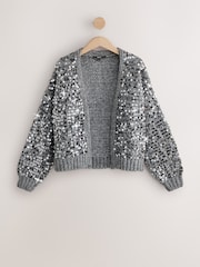 Charcoal Grey Sequin Soft Touch Chunky Knit Open Cardigan - Image 6 of 8