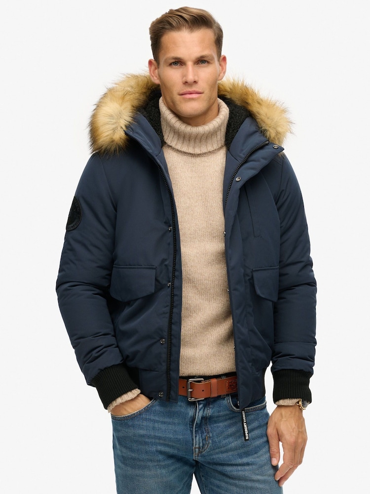 Superdry Blue Hooded Everest Puffer Bomber Jacket - Image 1 of 7