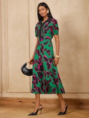 Love & Roses Green Animal Contrast Collared Midi Dress - Image 1 of 5