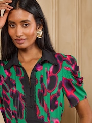 Love & Roses Green Animal Contrast Collared Midi Dress - Image 2 of 5