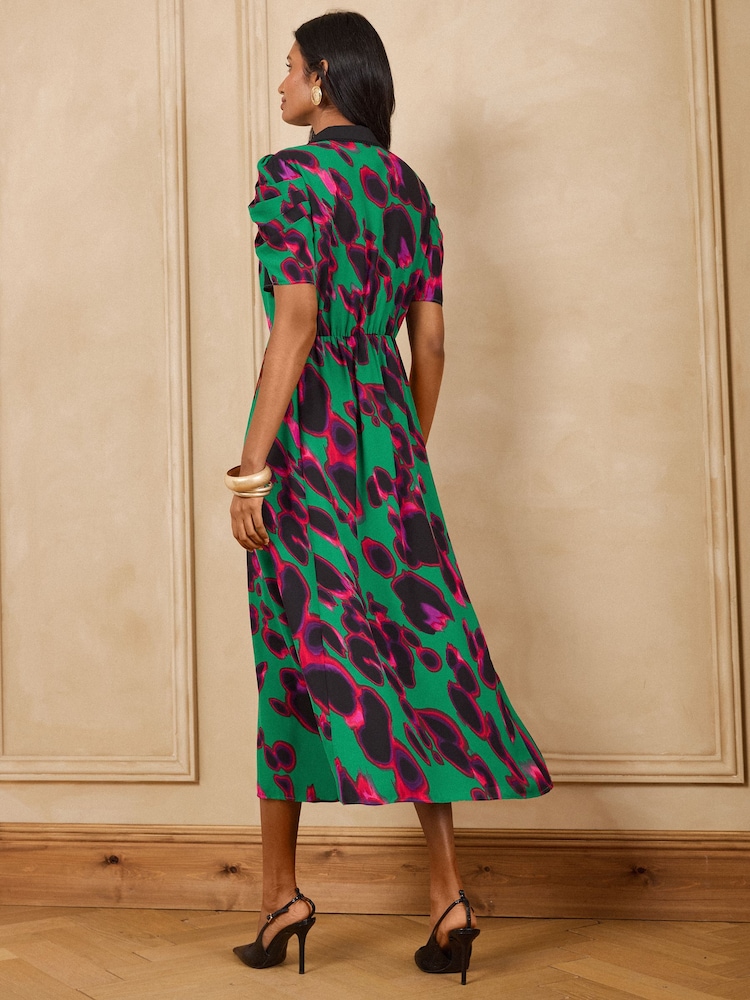 Love & Roses Green Animal Contrast Collared Midi Dress - Image 5 of 5 Love & Roses Green Animal Contrast Collared Midi Dress - Image 5 of 5