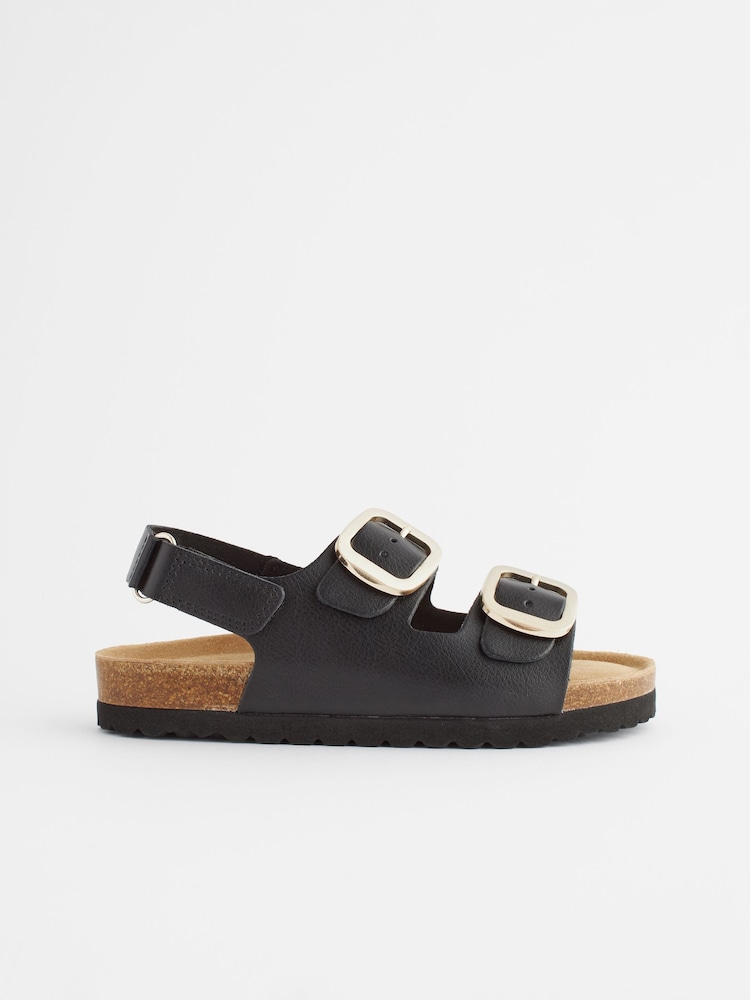 Black Leather Wide Fit (G) Two Strap Corkbed Sandals - Image 2 of 8