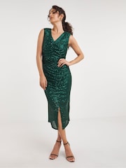JD Williams Green Linear Sequin Ruched Sleeveless Midi Dress - Image 1 of 5