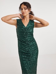 JD Williams Green Linear Sequin Ruched Sleeveless Midi Dress - Image 3 of 5