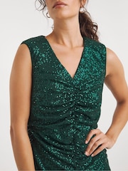JD Williams Green Linear Sequin Ruched Sleeveless Midi Dress - Image 4 of 5