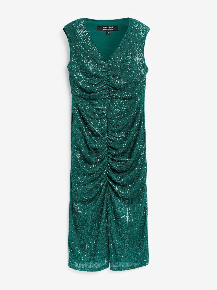 JD Williams Green Linear Sequin Ruched Sleeveless Midi Dress - Image 5 of 5