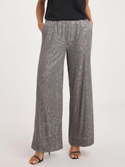 JD Williams Grey Slate Stretch Sequin Wide Leg Trousers - Image 1 of 4