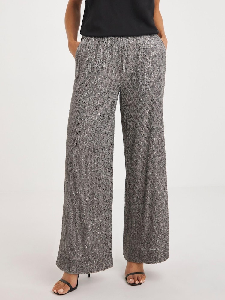 JD Williams Grey Slate Stretch Sequin Wide Leg Trousers - Image 1 of 4