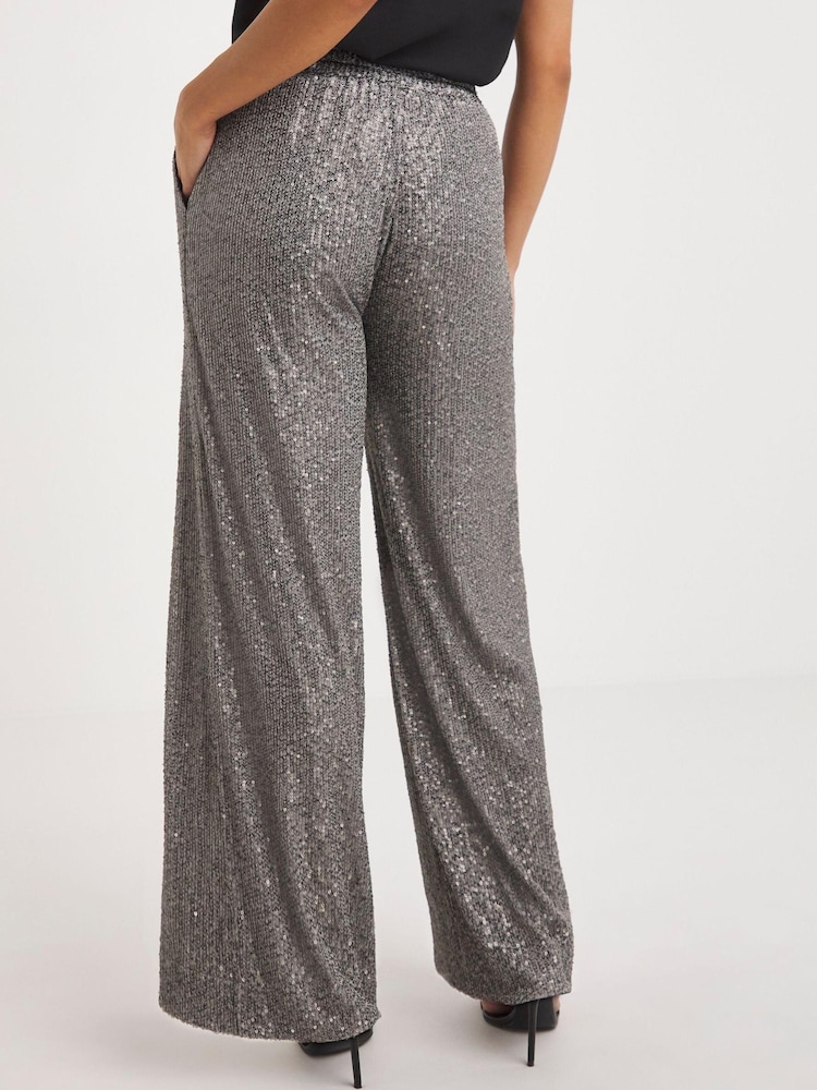 JD Williams Grey Slate Stretch Sequin Wide Leg Trousers - Image 2 of 4