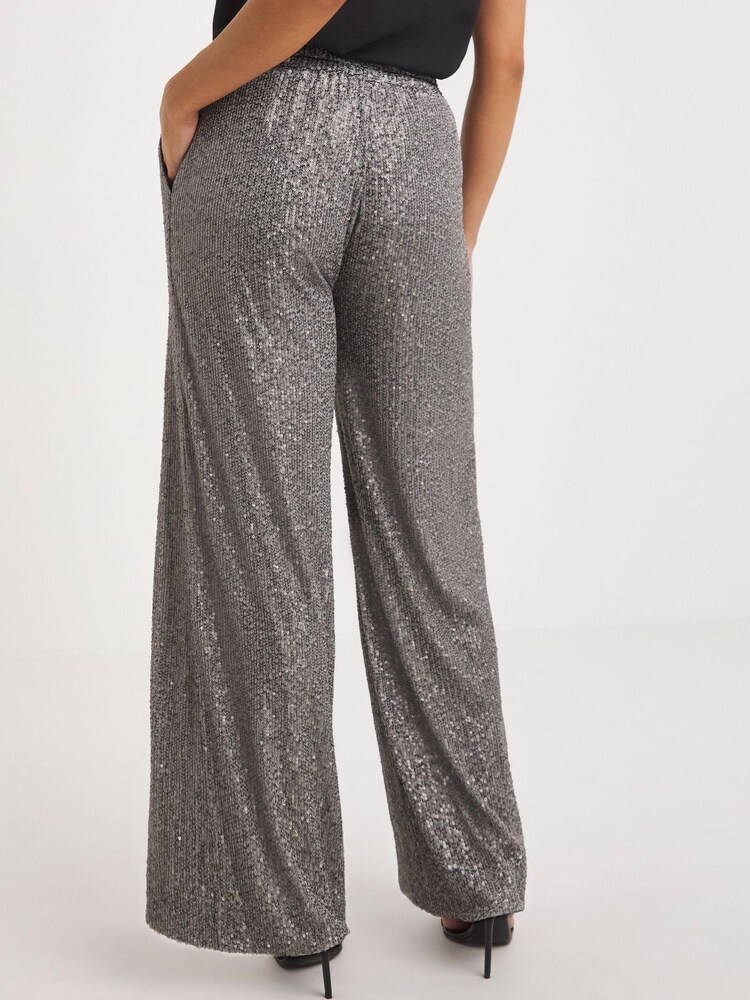 JD Williams Grey Slate Stretch Sequin Wide Leg Trousers - Image 2 of 4 JD Williams Grey Slate Stretch Sequin Wide Leg Trousers - Image 2 of 4