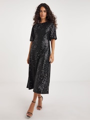 JD Williams Black Linear Sequin Puff Sleeve Midi Dress - Image 1 of 5