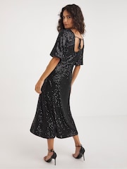 JD Williams Black Linear Sequin Puff Sleeve Midi Dress - Image 2 of 5