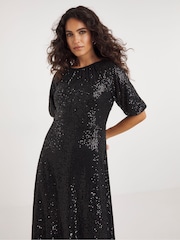 JD Williams Black Linear Sequin Puff Sleeve Midi Dress - Image 3 of 5