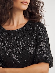 JD Williams Black Linear Sequin Puff Sleeve Midi Dress - Image 4 of 5