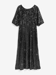 JD Williams Black Linear Sequin Puff Sleeve Midi Dress - Image 5 of 5