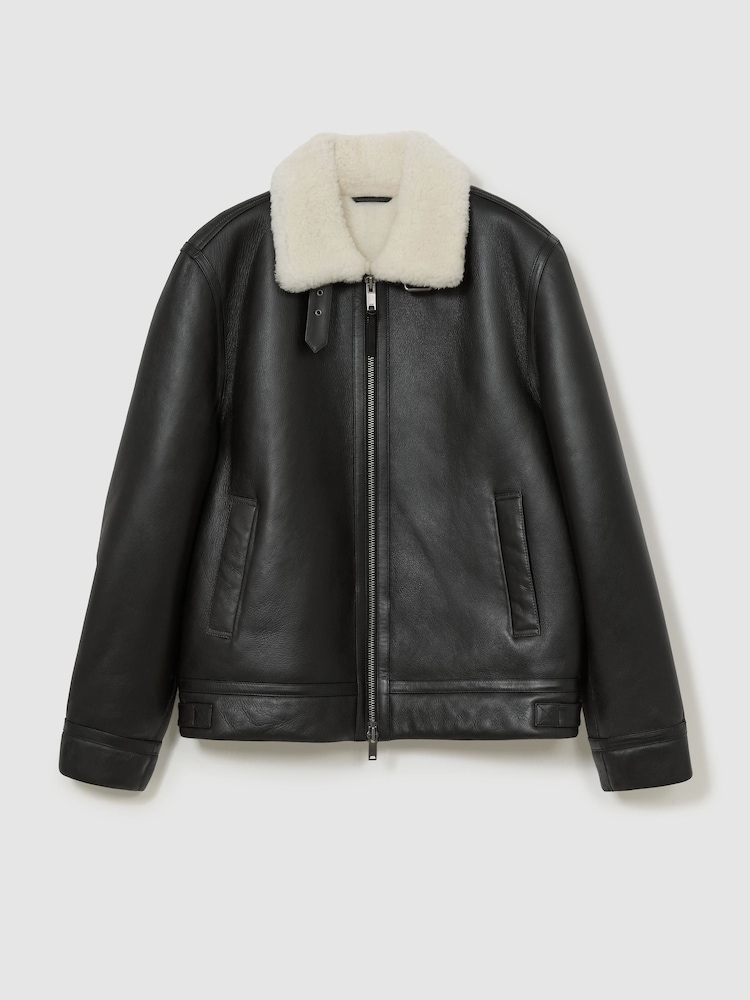 Reiss Black Bursa Leather Shearling-Lined Jacket - Image 2 of 12 Reiss Black Bursa Leather Shearling-Lined Jacket - Image 2 of 12