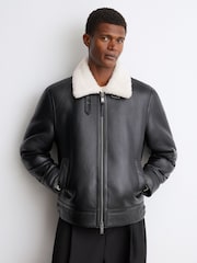 Reiss Black Bursa Leather Shearling-Lined Jacket - Image 8 of 12