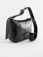 Black Leather Croc Effect Cross-Body Bag - Image 1 of 5