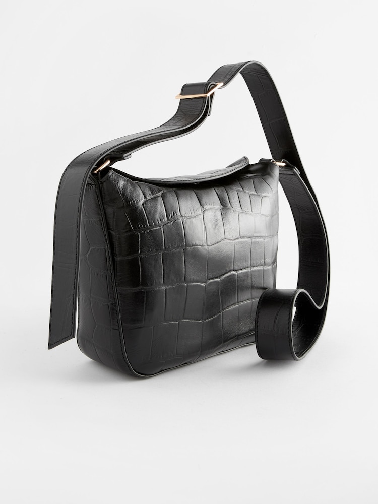 Black Leather Croc Effect Cross-Body Bag - Image 1 of 5