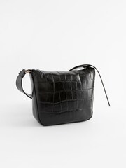 Black Leather Croc Effect Cross-Body Bag - Image 2 of 5