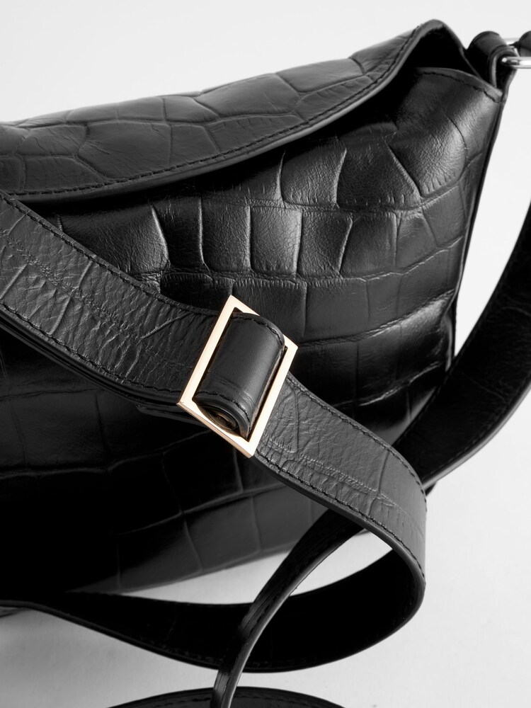 Black Leather Croc Effect Cross-Body Bag - Image 3 of 5