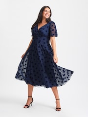 Scarlett & Jo Blue Victoria Flock Spot Angel Sleeve Mesh Midi long Dress - Image 1 of 5