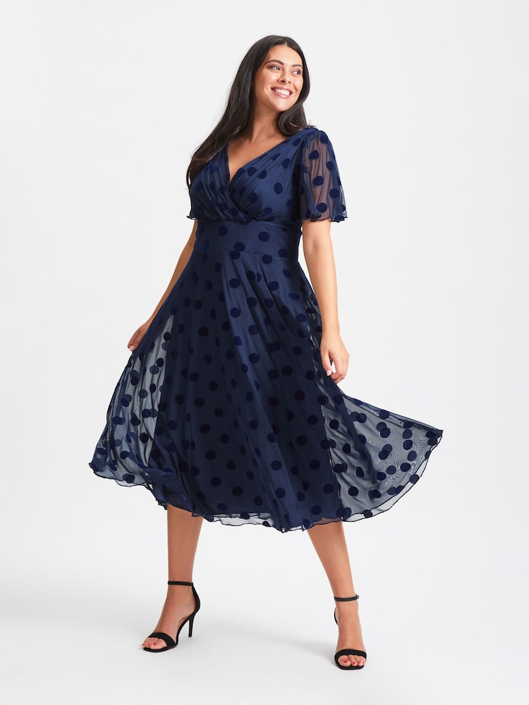 Scarlett & Jo Blue Victoria Flock Spot Angel Sleeve Mesh Midi long Dress - Image 1 of 5
