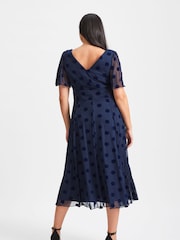 Scarlett & Jo Blue Victoria Flock Spot Angel Sleeve Mesh Midi long Dress - Image 2 of 5