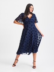 Scarlett & Jo Blue Victoria Flock Spot Angel Sleeve Mesh Midi long Dress - Image 4 of 5