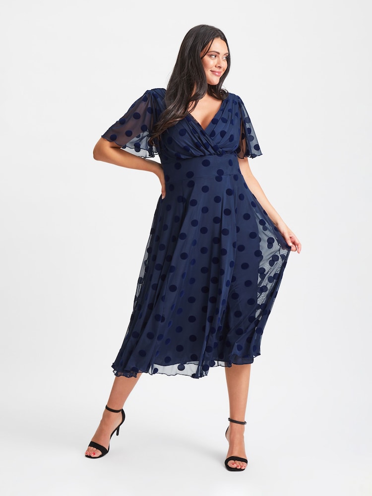 Scarlett & Jo Blue Victoria Flock Spot Angel Sleeve Mesh Midi long Dress - Image 4 of 5