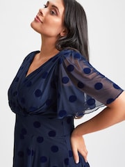 Scarlett & Jo Blue Victoria Flock Spot Angel Sleeve Mesh Midi long Dress - Image 5 of 5