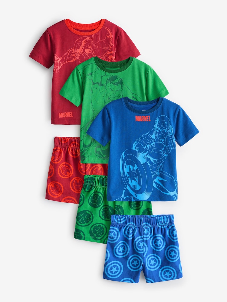 Red/Blue/Green Marvel 100% Cotton Short Pyjamas 3 Pack (12mths-12yrs) - Image 1 of 6 Red/Blue/Green Marvel 100% Cotton Short Pyjamas 3 Pack (12mths-12yrs) - Image 1 of 6