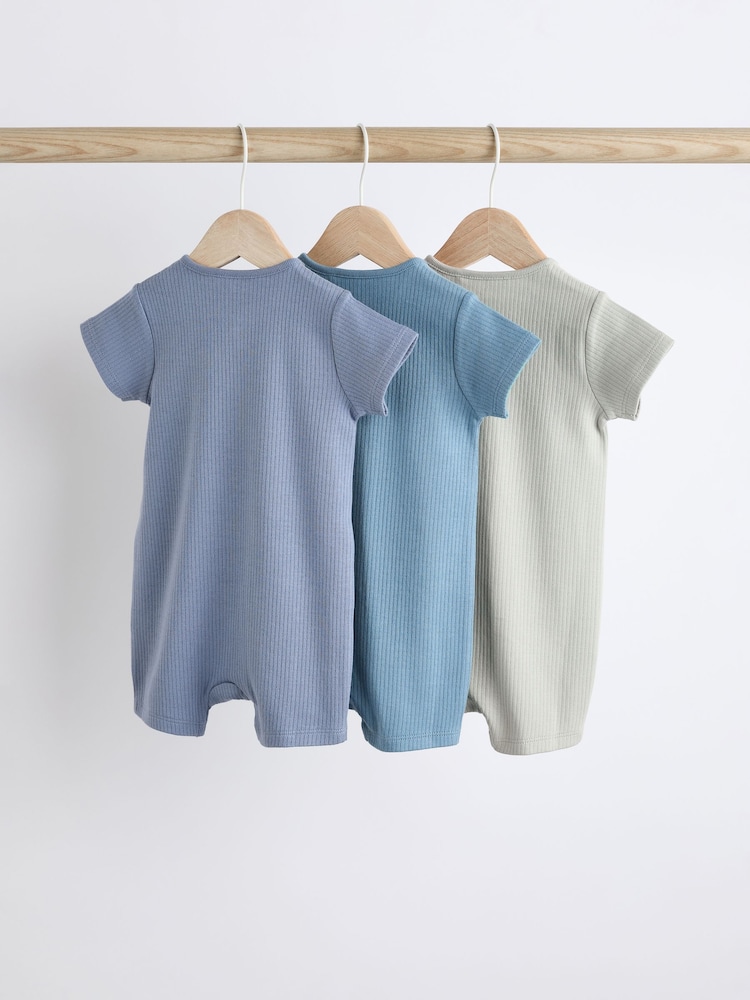 Blue Baby Two Way Zip 100% Cotton Rompers 3 Pack (0-3yrs) - Image 2 of 10
