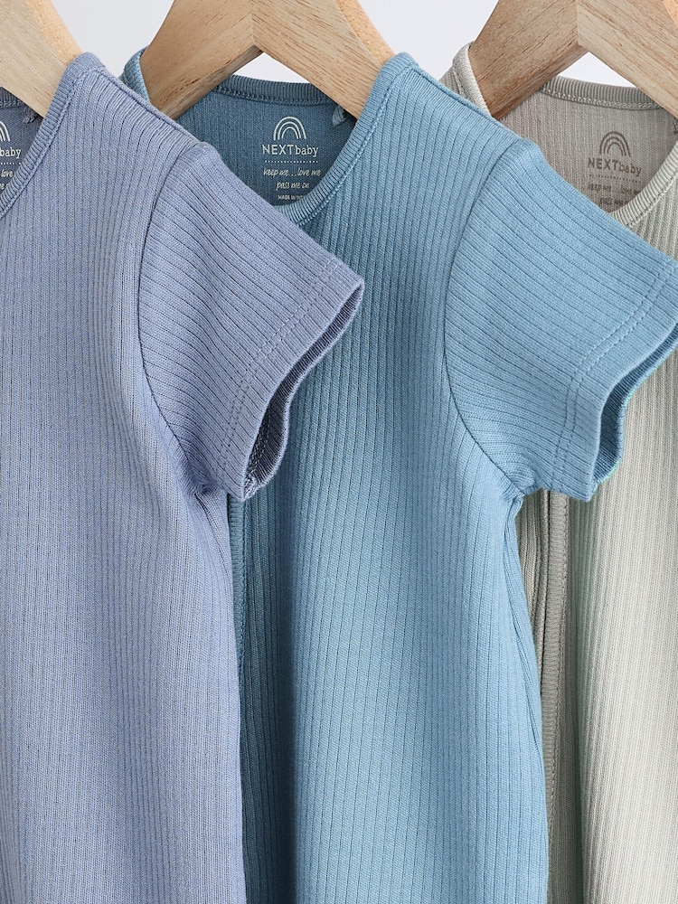 Blue Baby Two Way Zip 100% Cotton Rompers 3 Pack (0-3yrs) - Image 6 of 10