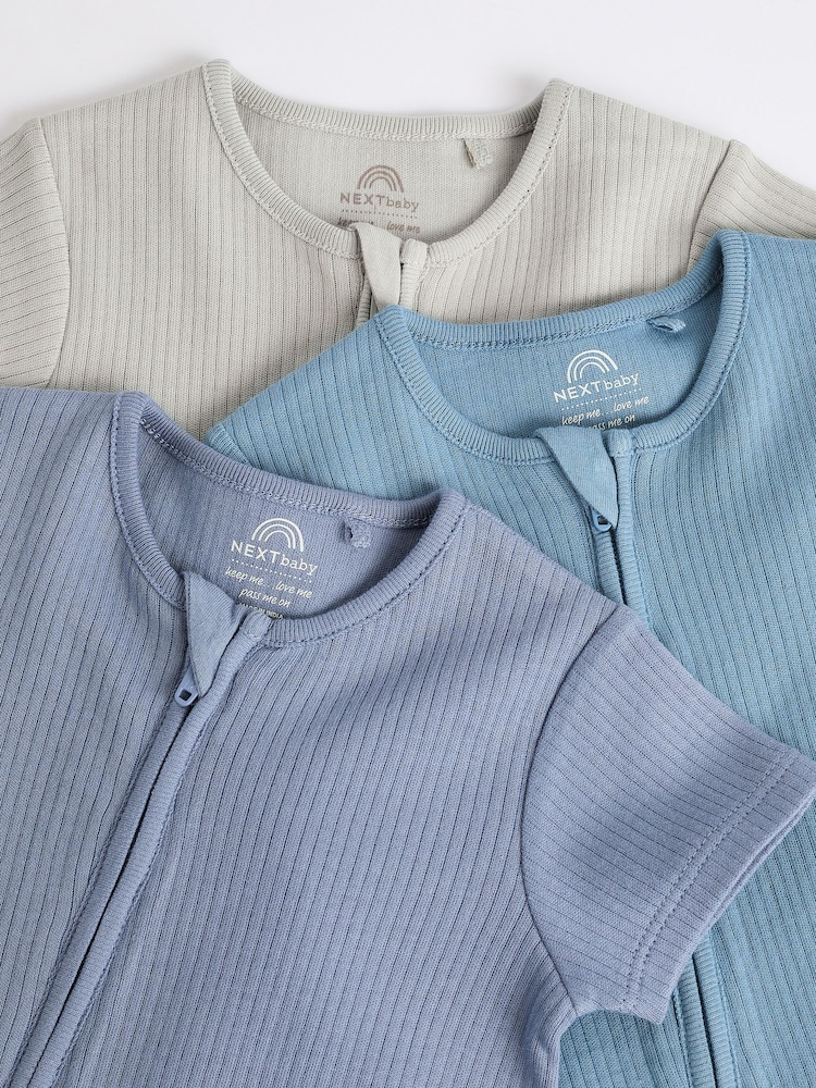 Blue Baby Two Way Zip 100% Cotton Rompers 3 Pack (0-3yrs) - Image 7 of 10