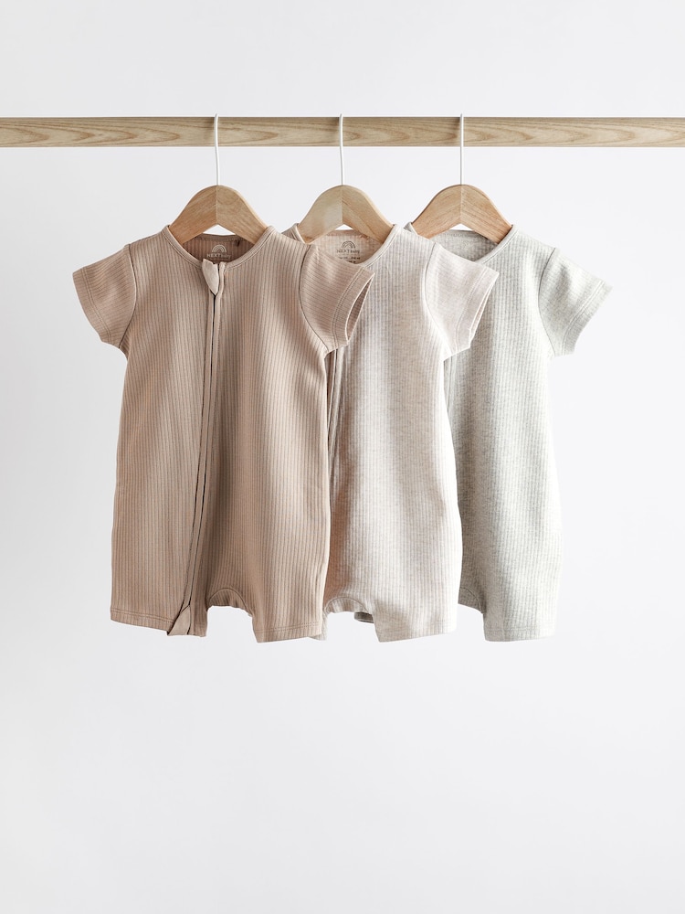 Neutral 3 Pack Two Way Zip Baby 100% Cotton Rompers (0mths-3yrs) - Image 1 of 10