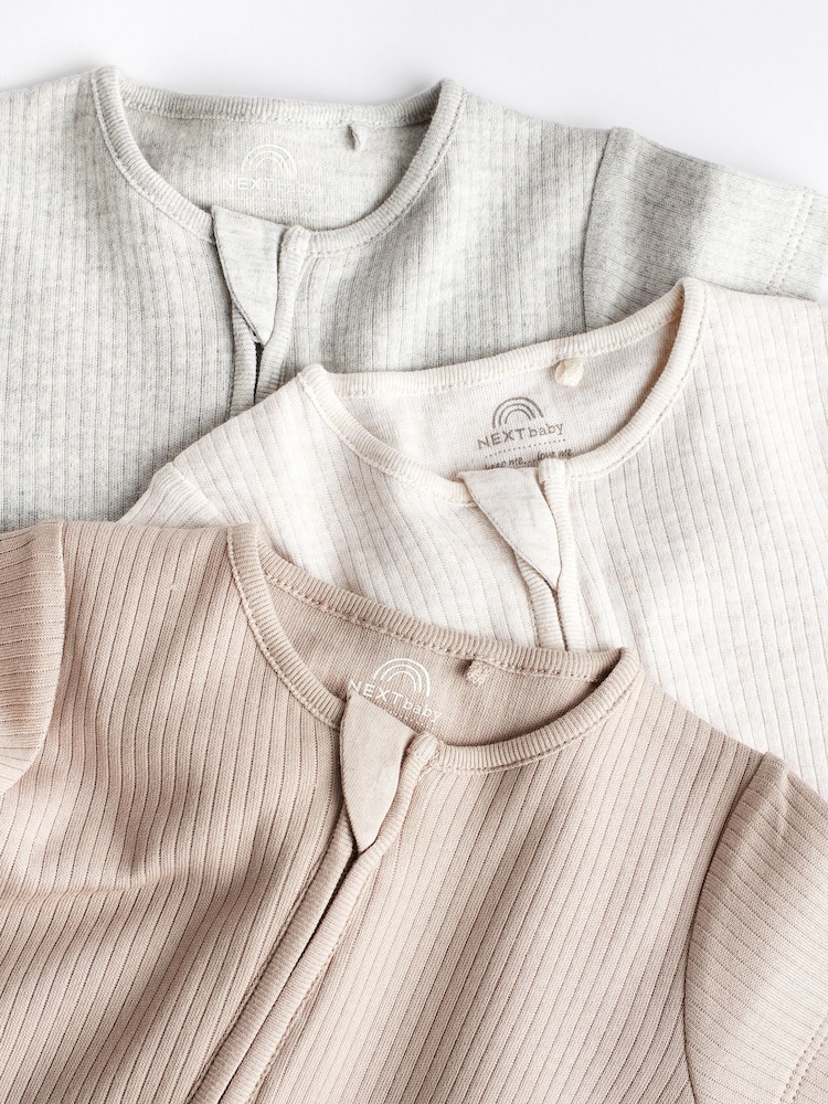 Neutral 3 Pack Two Way Zip Baby 100% Cotton Rompers (0mths-3yrs) - Image 7 of 10